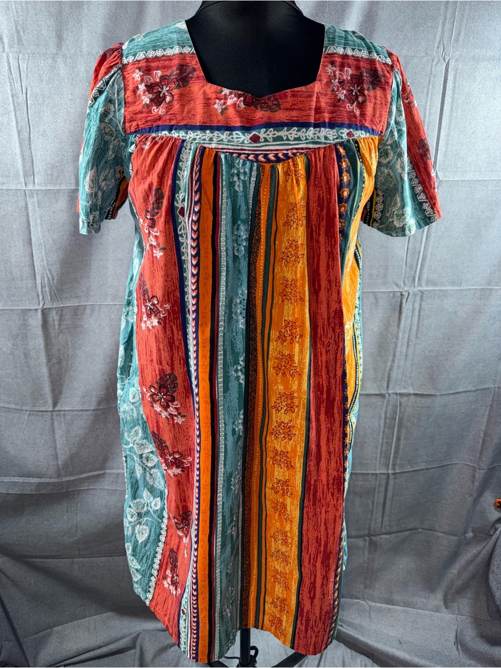 2788-National Striped Patchwork Midi Dress in Teal, Rust & Mustard